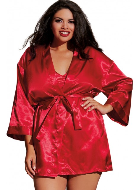 Nuisette grande taille rouge avec peignoir satinés - DG3717XRED