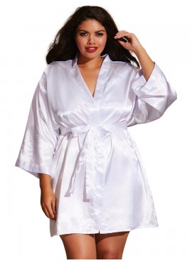 Kimono satin, ceinture attachée, nuisette et cintre assorti - DG3717XWHT