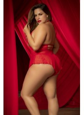 Body rouge grande taille effet babydoll et string assorti - MAL7445XRED