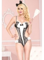 Costume 2 pièces Friendly French maid body fines bretelles plumeau serre-tête - ML70708BKW