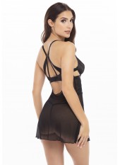 Nuisette résille noire aves string assorti - REN51013-BLK