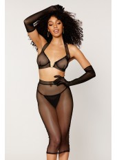 Ensemble 2 pièces, soutien gorge et jupe longue transparente noir - DG12770BLK