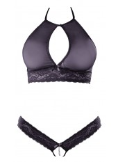 Soutien-gorge bandeau, en dentelle et résille noire et string ouvert - R2213648