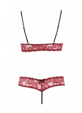 Soutien-gorge, bonnets ouverts, en dentelle rouge et string assorti - R2212447