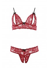 Soutien-gorge, bonnets ouverts, en dentelle rouge et string assorti - R2212447