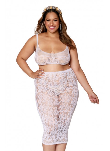 Ensemble 2 pièces grande taille, brassière résille fantaisie et jupe longue assorti - DG12921XWHT