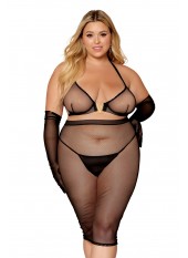 Ensemble 2 pièces grande taille, soutien gorge et jupe longue transparente noir - DG12770XBLK