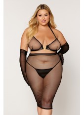 Ensemble 2 pièces grande taille, soutien gorge et jupe longue transparente noir - DG12770XBLK