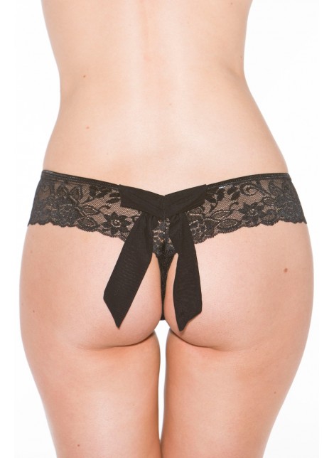 Tanga string noir en dentelle avec noeud arrière - SOH31035BLK