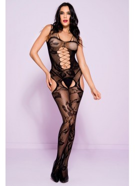 Bodystocking en résille noire imprimé floral - ML1253BLK