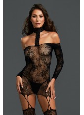 Bodystocking résille guêpière réversible avec tour de cou - DG0318BLK