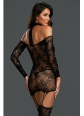 Bodystocking résille guêpière réversible avec tour de cou - DG0318BLK