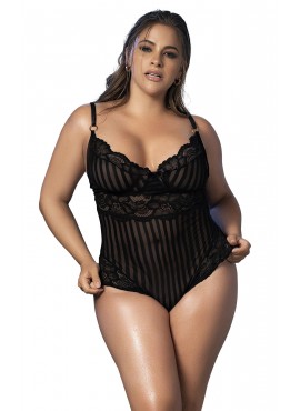 Body dentelle noire, rayé en dentelle et fine résille - MAL8631XBLK