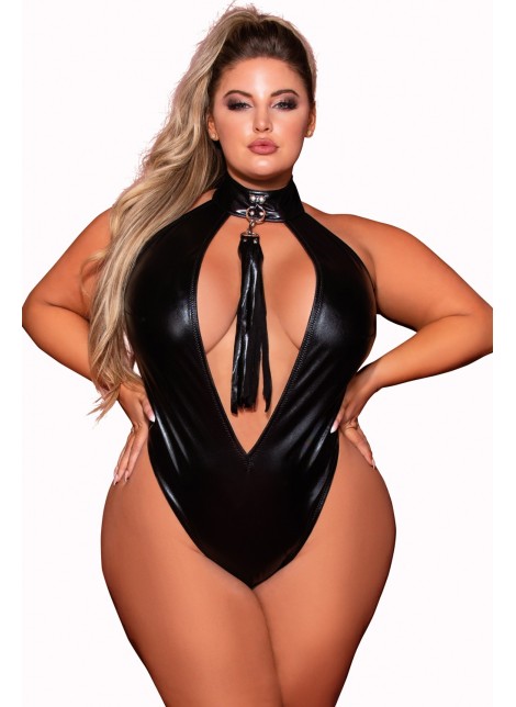 Body en simili cuir grande taille, extensible avec col clouté et fouet - DG12450XBLK