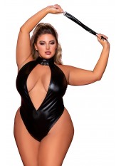 Body en simili cuir grande taille, extensible avec col clouté et fouet - DG12450XBLK