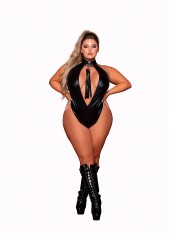 Body en simili cuir grande taille, extensible avec col clouté et fouet - DG12450XBLK