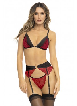 Ensemble 3 pièces rouge, soutien gorge, porte jarretelles et string - REN53037-RED