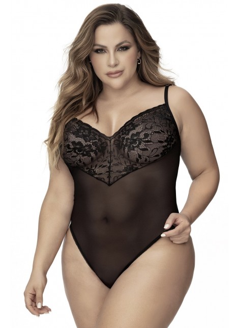 Body, grande taille, noir en dentelle et résille noire - MAL8795XBLK