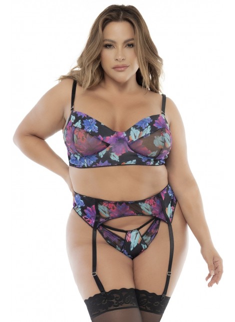 Ensemble trois pièces noir, grande taille, imprimé fleurs exotiques- MAL8770XPRT