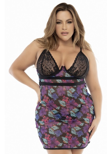 Nuisette résille et dentelle Noire, grande taille, imprimé fleur exotique - MAL7497XPRT