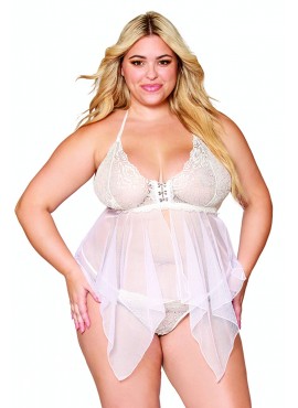 Babydoll et string grande taille en résille et dentelle blanche - DG13314WHT