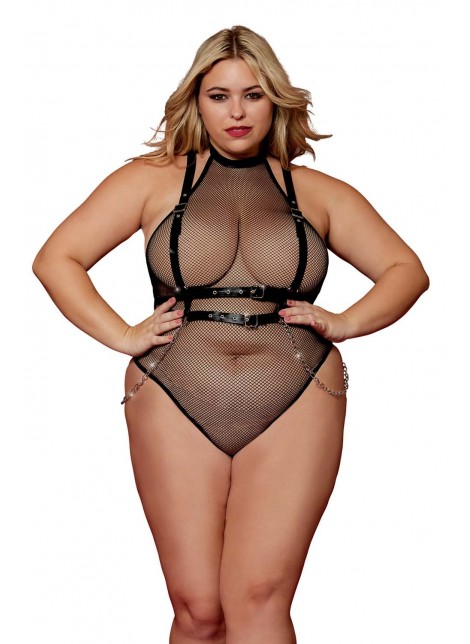 Body en résille, grande taille, avec Harnais simili cuir et chaines - DG13291XBLK