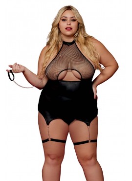 Body BDSM noir, grande taille, en maille avec corset / porte-jarretelles, simili cuir, intégré - DG13295XBLK