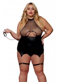 Body BDSM noir, grande taille, en maille avec corset / porte-jarretelles, simili cuir, intégré - DG13295XBLK