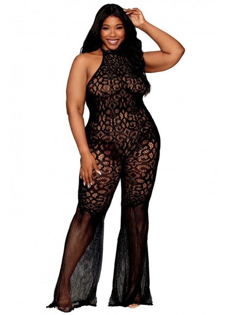 bodystocking en dentelle au crochet sans couture, grande taille, résille noire - DG0468XBLK