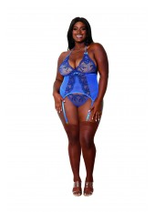 Ensemble 2 pièces grande taille bleu bustier porte jarretelles et string - DG12957XPER