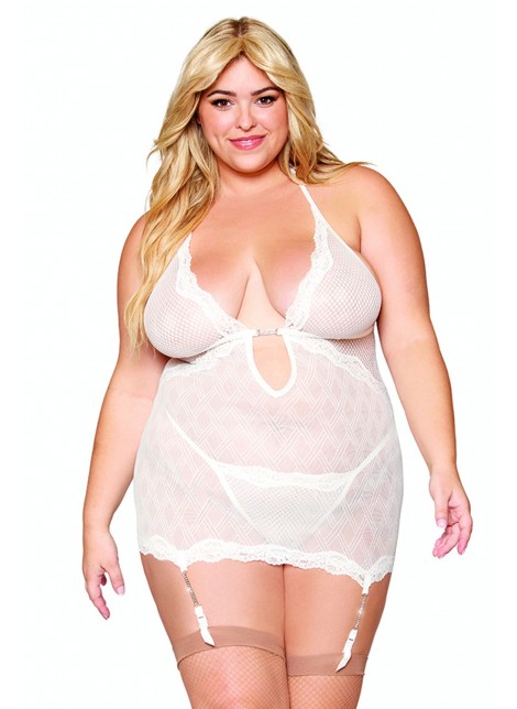 Guépière porte jarretelles blanche grande taille avec strass et string inclus - DG13313XWHT