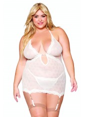 Guépière porte jarretelles blanche grande taille avec strass et string inclus - DG13313XWHT